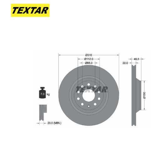 Zavorni diski TEXTAR 92140703 zadnji 310mm Audi A3, Q2, Q3, Golf 6, Golf 7, Golf 8, Passat B8, Tiguan
