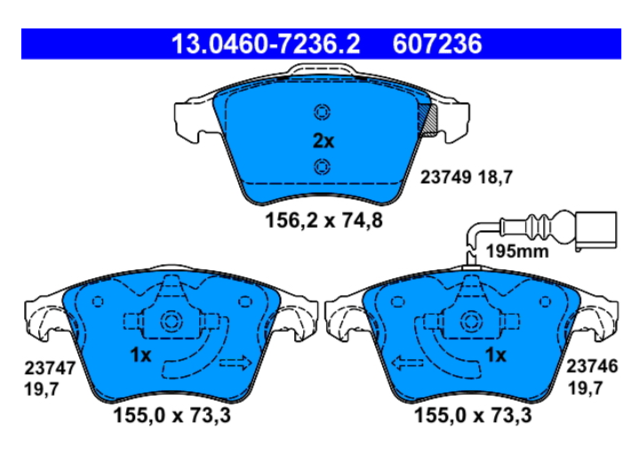 Zavorne ploščice ATE 13.0460-7236.2 spredaj VW Transporter T5 T6