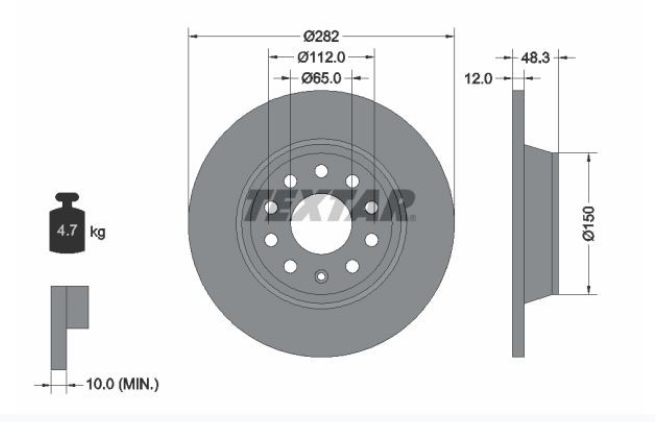 Zavorni diski TEXTAR 92140803 zadnji 282mm Passat B6 in B7, Golf 5 in 6, Octavia in Superb