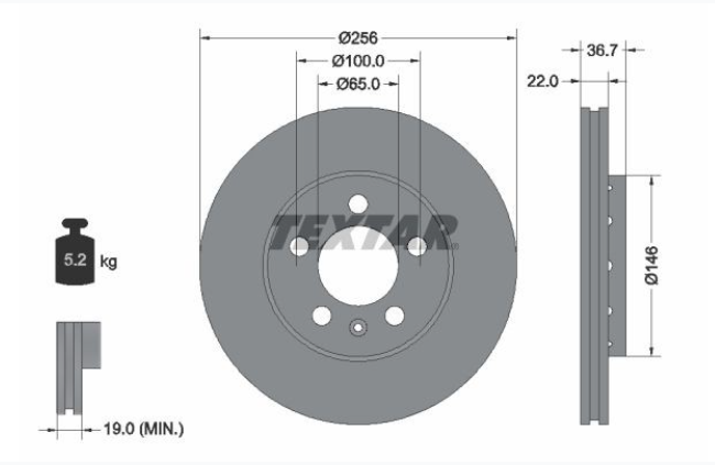 Zavorni diski TEXTAR 92082205 sprednji 256mm Audi A1, Golf 4, Octavia