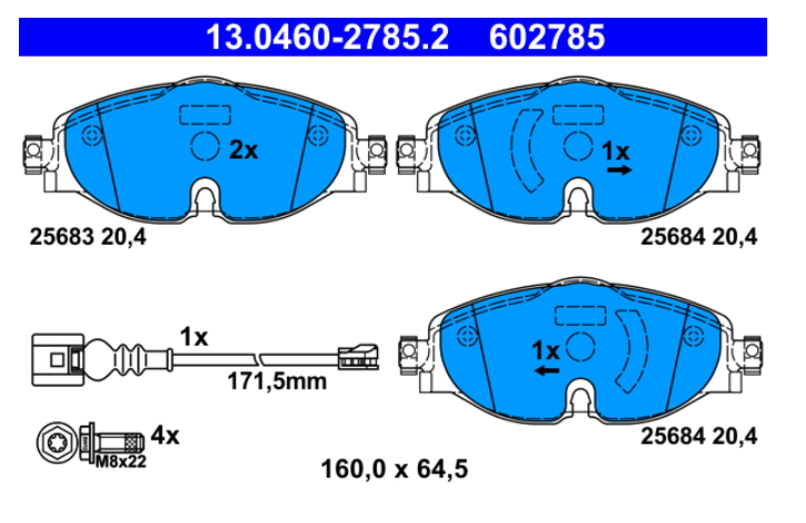 Zavorne ploščice ATE 13.0460-2785.2 spredaj Audi A3, Golf 7, Golf 8, Octavia 3, Superb 3