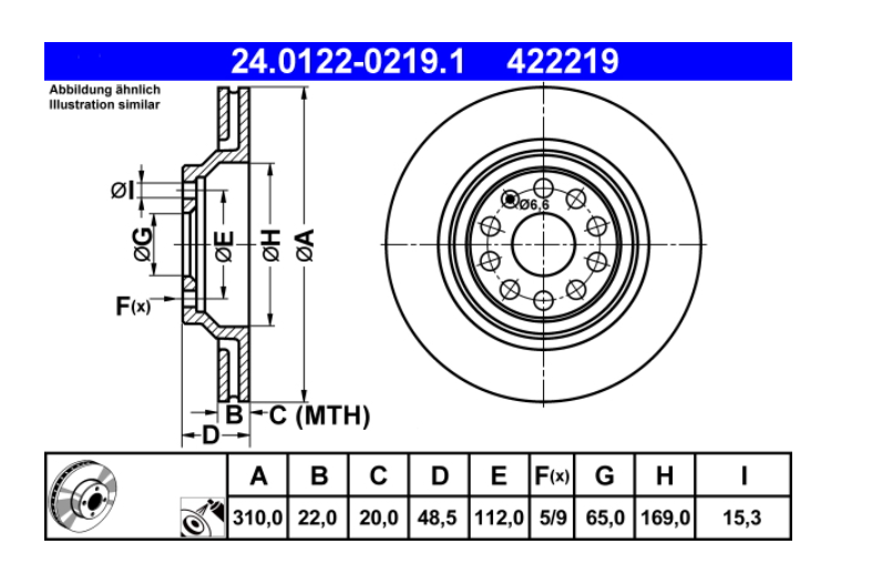 Zavorni diski ATE 24.0122-0219.1 zadnji 310mm Audi A3, Q2, Q3, Golf 6, Golf 7, Golf 8, Passat B8, Tiguan
