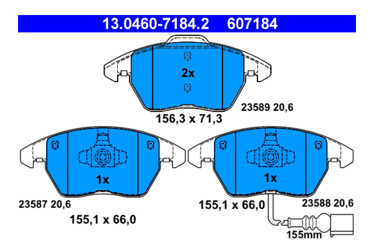Zavorne ploščice ATE 13.0460-7184.2 spredaj Audi A1, A3, Golf 5, Golf 6, Passat B6, B7, Octavia 2