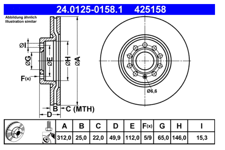 Zavorni diski ATE 24.0125-0158.1 sprednji 312mm VW, Audi, Škoda, Seat