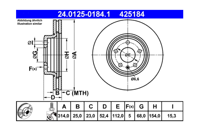 Zavorni diski ATE 24.0125-0184.1 sprednji 314mm Audi A4, Audi A5