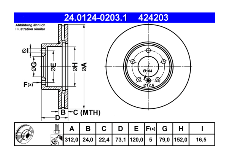 Zavorni diski ATE 24.0124-0203.1 sprednji 312mm BMW 1 (F20, F21), BMW 2, BMW 3 (E90, E91), BMW 4, X1