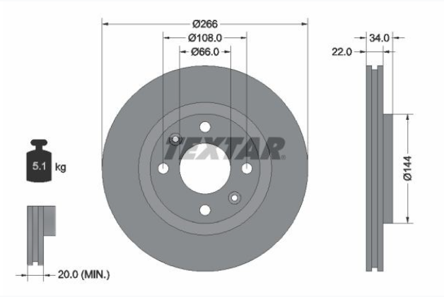 Zavorni diski TEXTAR 92111503 sprednji 266m Citroen, Peugeot, Opel