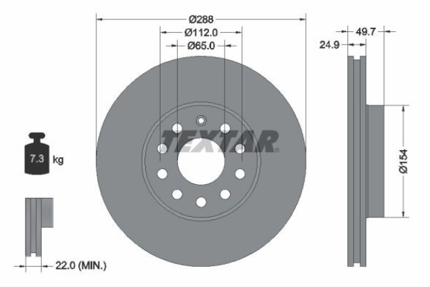 Zavorni diski TEXTAR 92120805 sprednji 288mm VW, Audi, Škoda, Seat