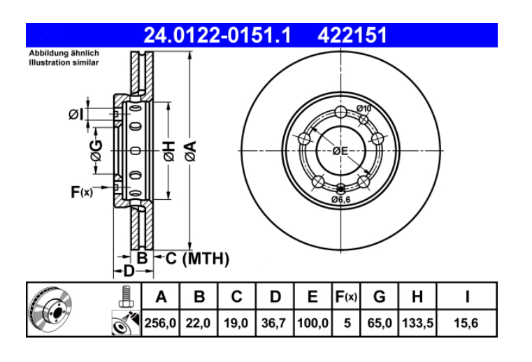 Zavorni diski ATE 24.0122-0151.1 sprednji 256mm Audi A1, Golf 4, Octavia
