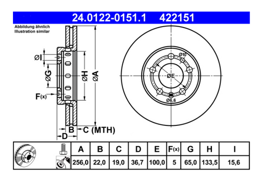 Zavorni diski ATE 24.0122-0151.1 sprednji 256mm Audi A1, Golf 4, Octavia