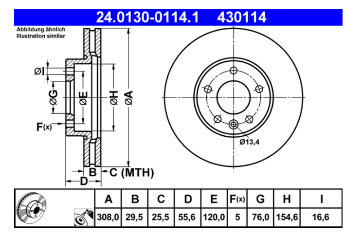 Zavorni diski ATE 24.0130-0114.1 sprednji 308mm VW Transporter T5, T6