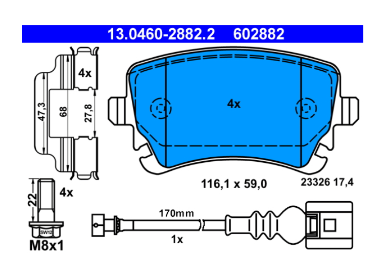 Zavorne ploščice ATE 13.0460-2882.2 zadaj VW Transporter T5, Transporter T6