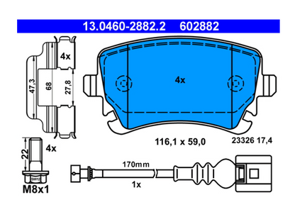 Zavorne ploščice ATE 13.0460-2882.2 zadaj VW Transporter T5, Transporter T6