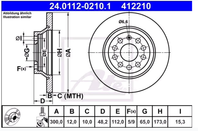 Zavorni diski ATE 24.0112-0210.1 zadnji 300mm Golf 7, Passat B8, Kodiaq 1