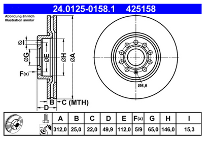 Zavorni diski ATE 24.0125-0158.1 sprednji 312mm VW, Audi, Škoda, Seat