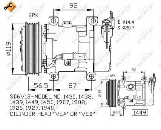 Kompresor klime NRF 32227 Citroen Berlingo, C2, C3, Nemo, Xsara, Xsara Picasso, Peugeot 206, 306, 307, 1007, Partner, Fiat Fiorino, Qubo